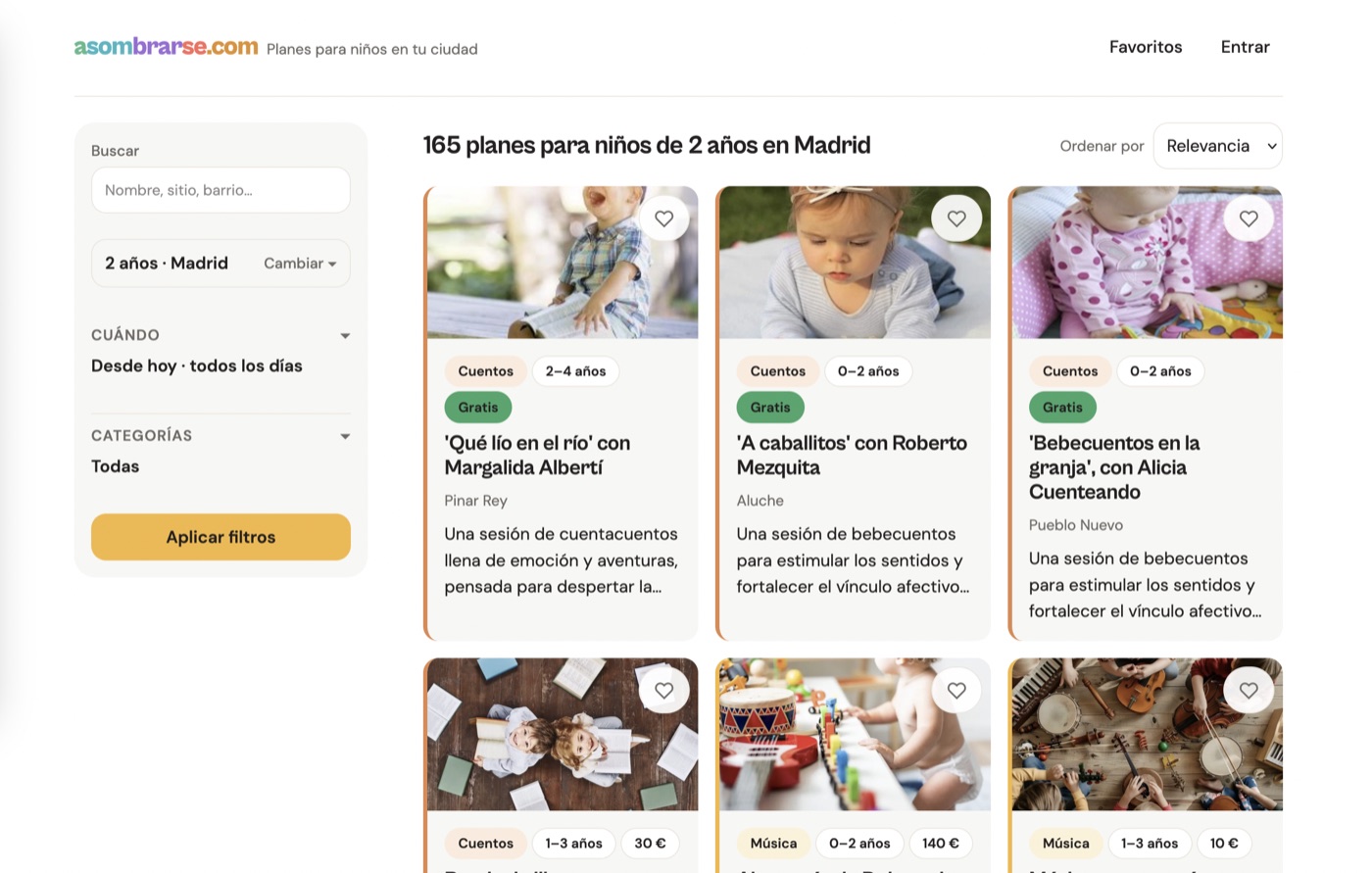 asombrarse.com: 165 planes para niños de 2 años en Madrid — cards of storytelling and music sessions with age, price and neighborhood tags.