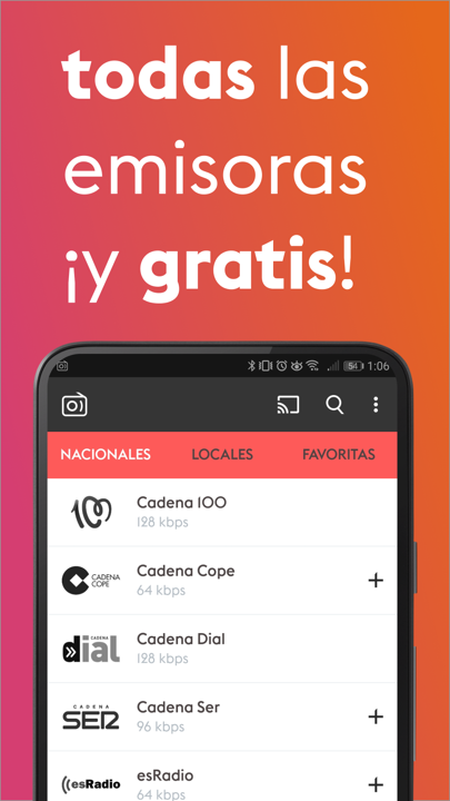 Radios de España Play Store screenshot: 'todas las emisoras ¡y gratis!' over the app's station list — Cadena 100, Cope, Dial, SER.